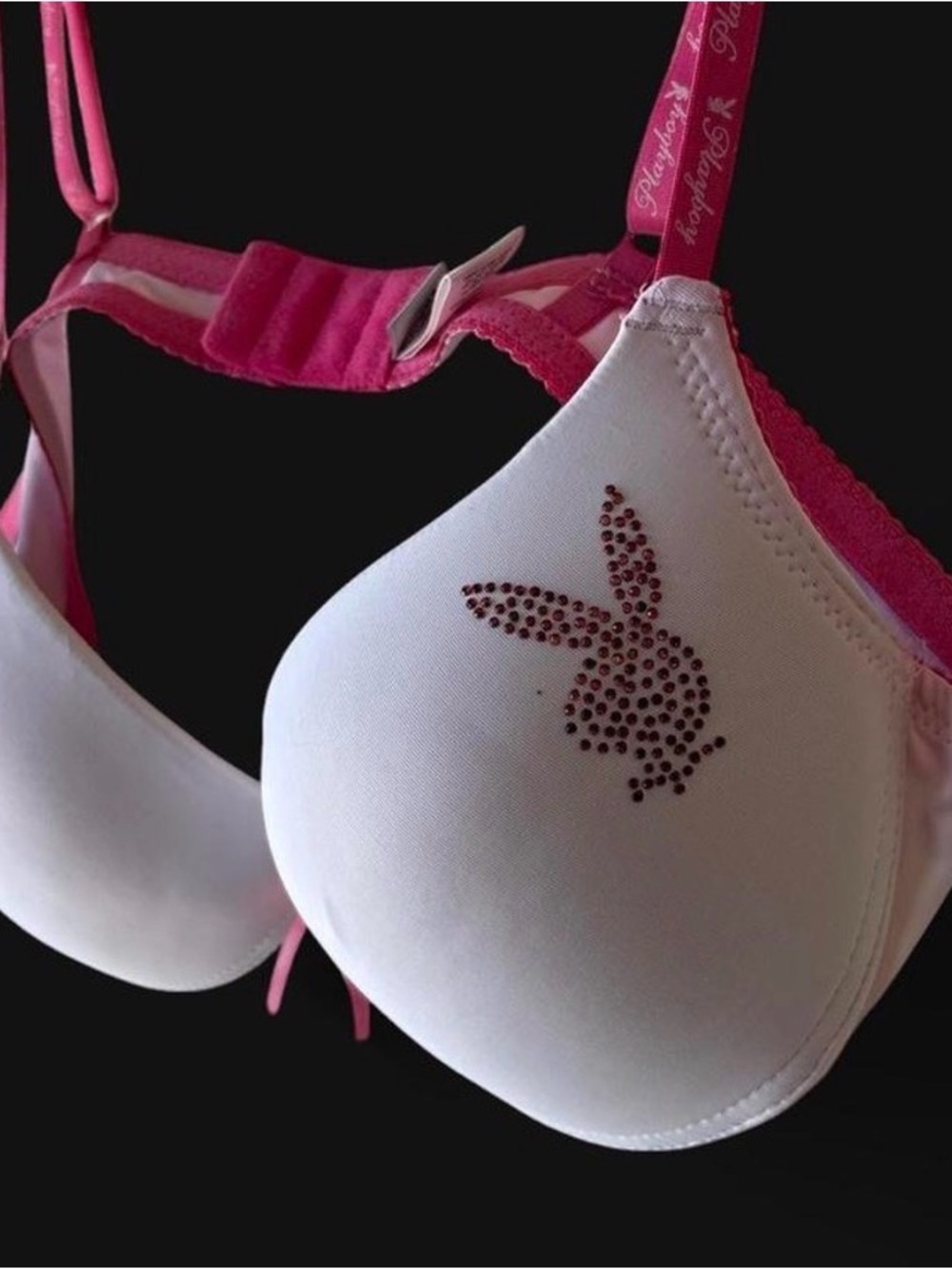 Y2K Playboy bunny bra white/pink logo straps + rhinestone bunny detail size 34c